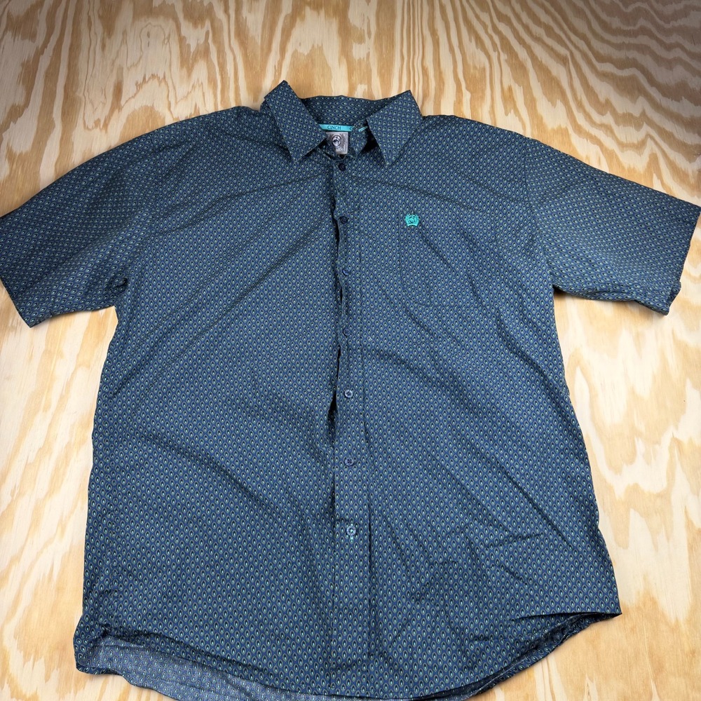 Cinch Mens L Blue Geometric Teardrop Print Short Sleeve Western Button Shirt